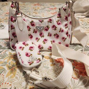 Prada Nylon Pink and White Floral Crossbody Bag Handbag Beautiful!